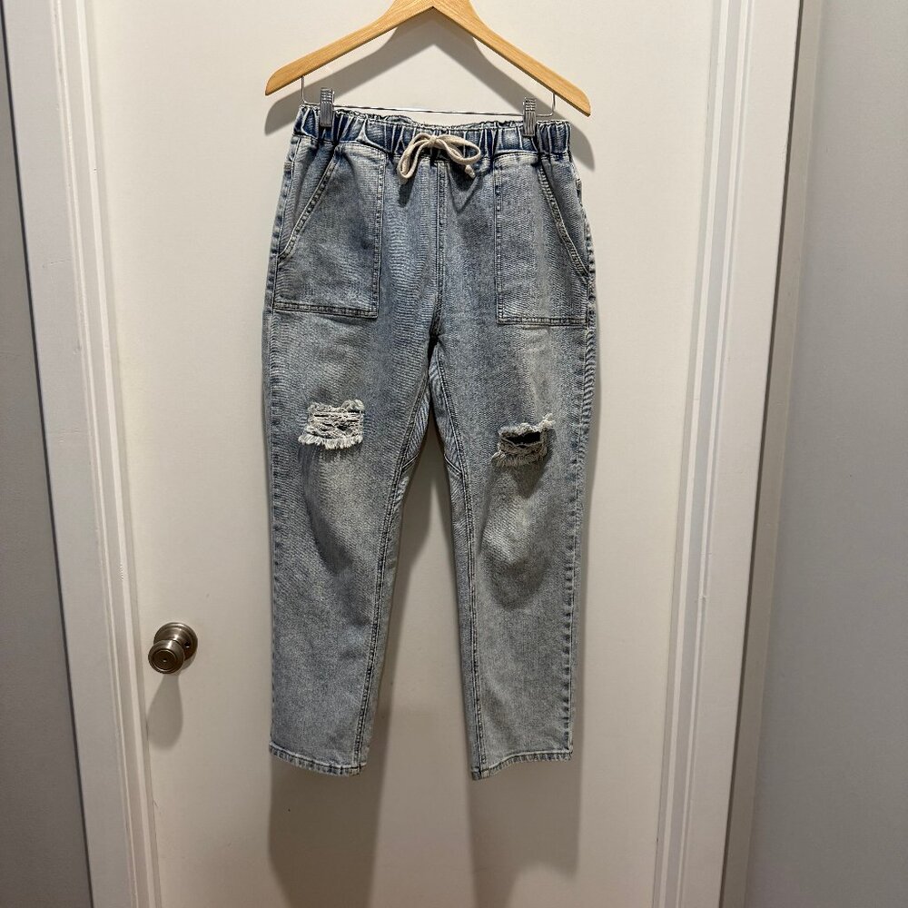 Pull-on baggy jeans. Elastic waist w/ drawstring. Size 12